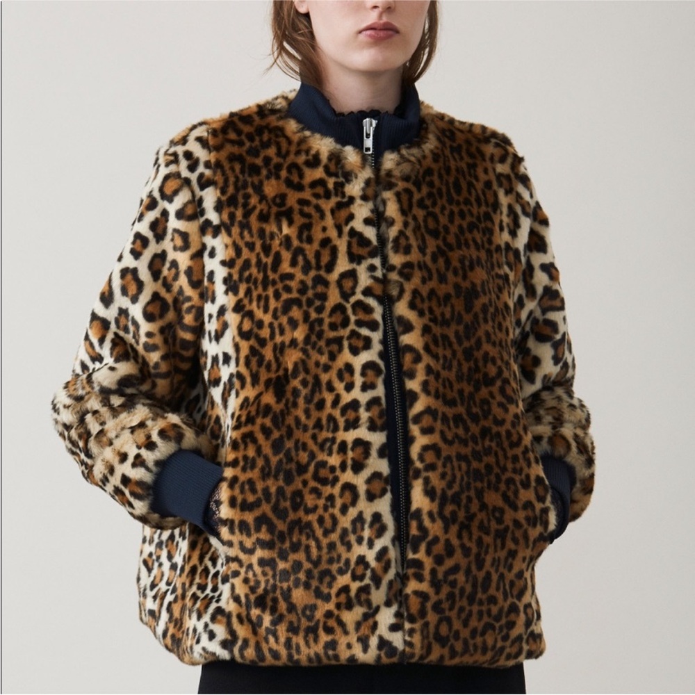 GANNI LEOPARD FAUX FUR SPORTY JACKET W NAVY TRIM & YELLOW SATIN LINING SZ DK 36